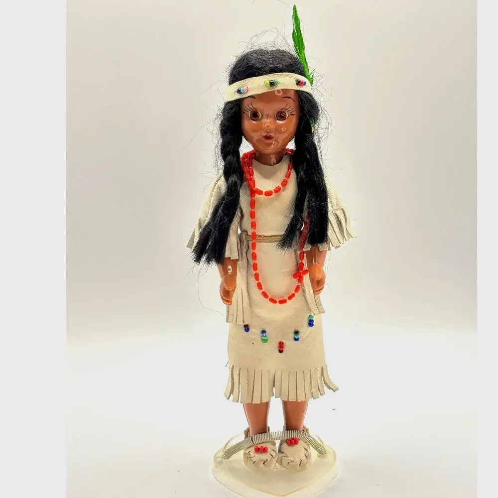 Vintage Native American Woman Doll in Traditional Tribal Costume with Stand